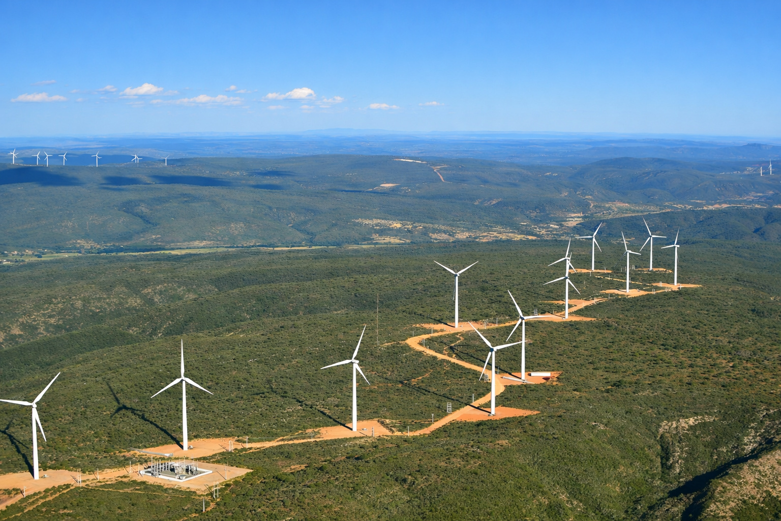 Parque eólico com várias turbinas alinhadas sobre colinas verdes, sob céu azul e luz forte de meio-dia.