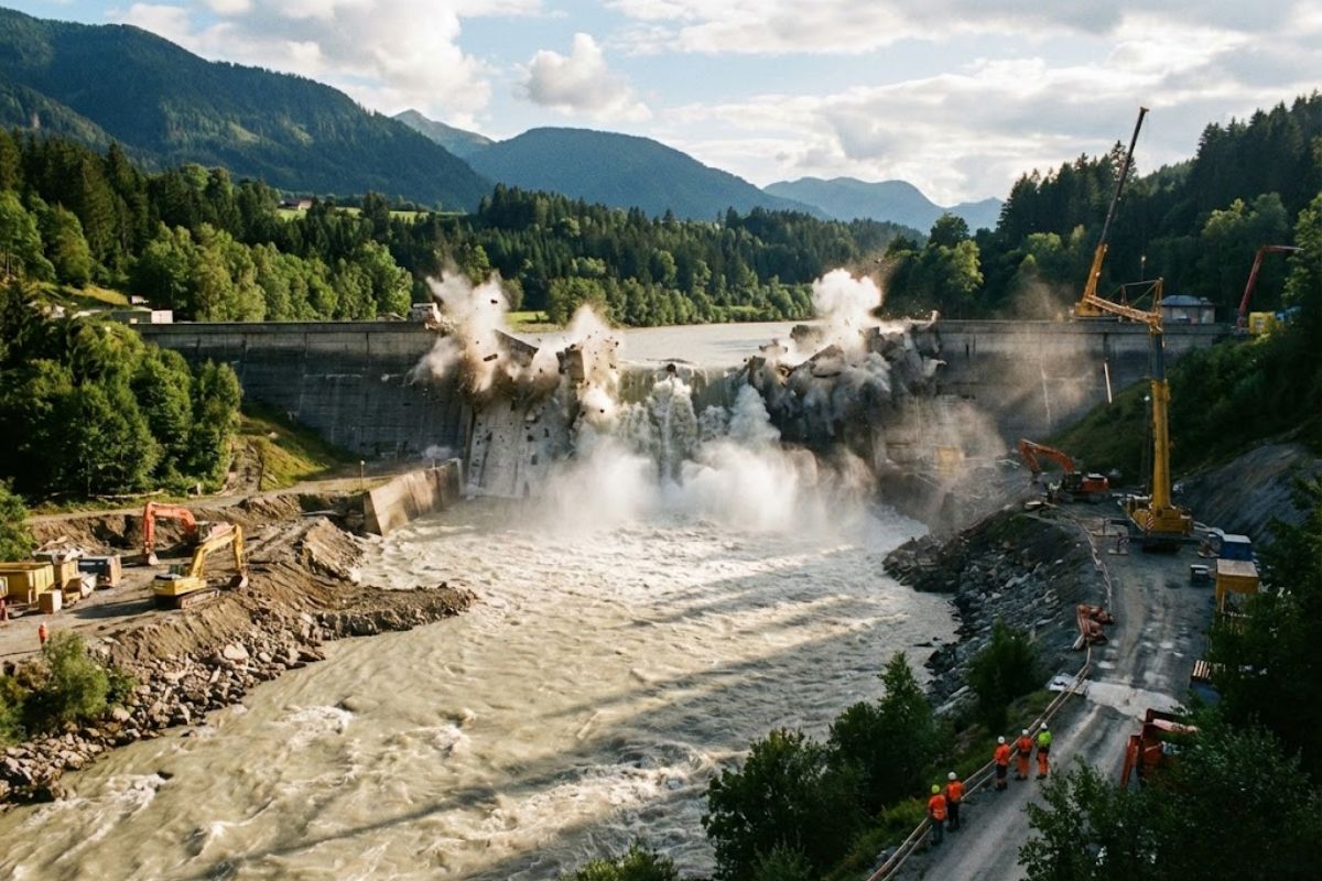 Barragens sendo removidas na Europa revelam rios voltando a fluir livres após décadas de bloqueio, com estruturas em colapso controlado, leitos reconectados e paisagens naturais restauradas em diferentes países europeus.