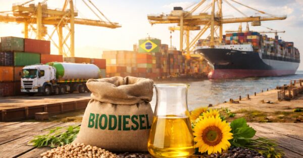 Porto com navio cargueiro e contêineres ao fundo, biodiesel em recipiente de vidro, grãos oleaginosos e saco identificado como biodiesel em primeiro plano, simbolizando a importação e a produção de biocombustível no Brasil.