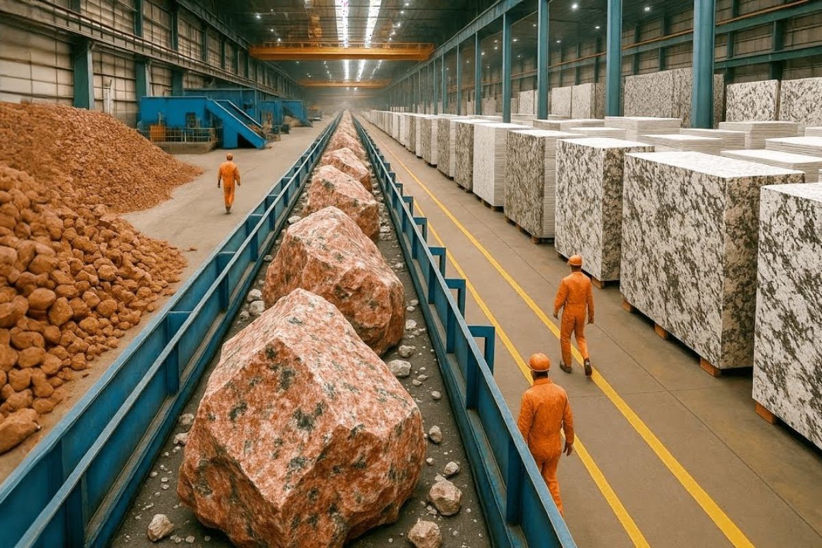 blocos colossais de granito saem de pedreiras a céu aberto, enfrentam fio diamantado, passam por polimento e só avançam após inspeção a laser antes de chegar às obras nas cidades.