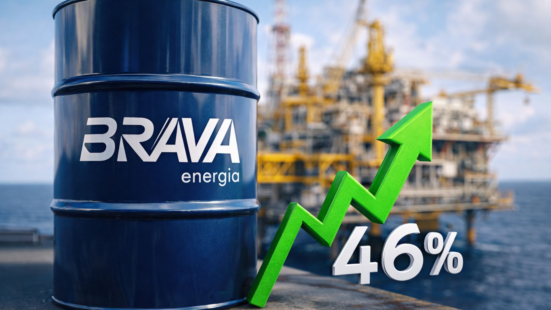 Barril de petróleo com logotipo da Brava Energia em primeiro plano e plataforma offshore desfocada ao fundo, com seta verde indicando crescimento de 46% na produção em 2025