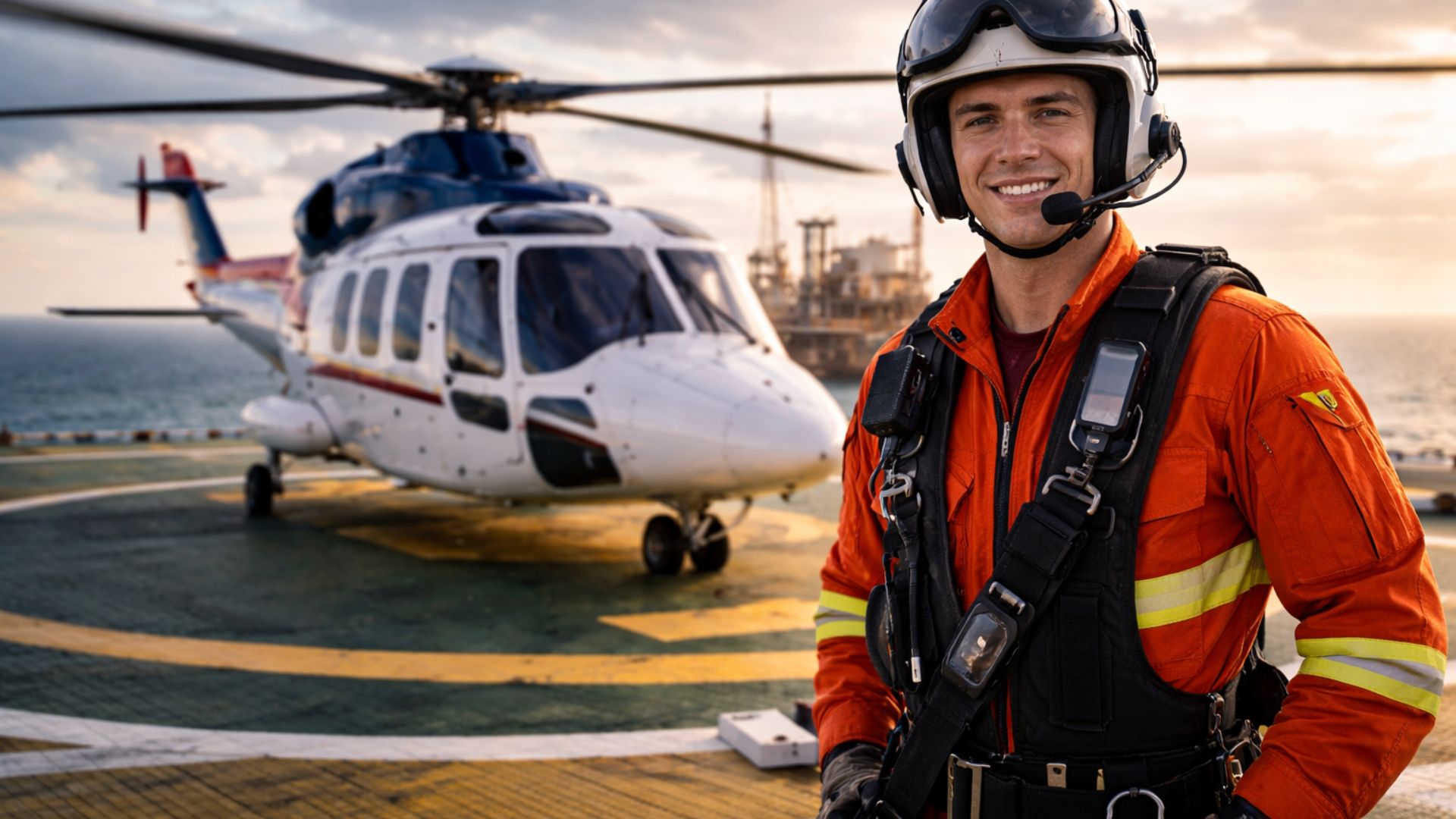 Piloto de helicóptero com uniforme de voo laranja em heliponto offshore, ao lado de aeronave usada em operações marítimas, representando carreira na aviação offshore.