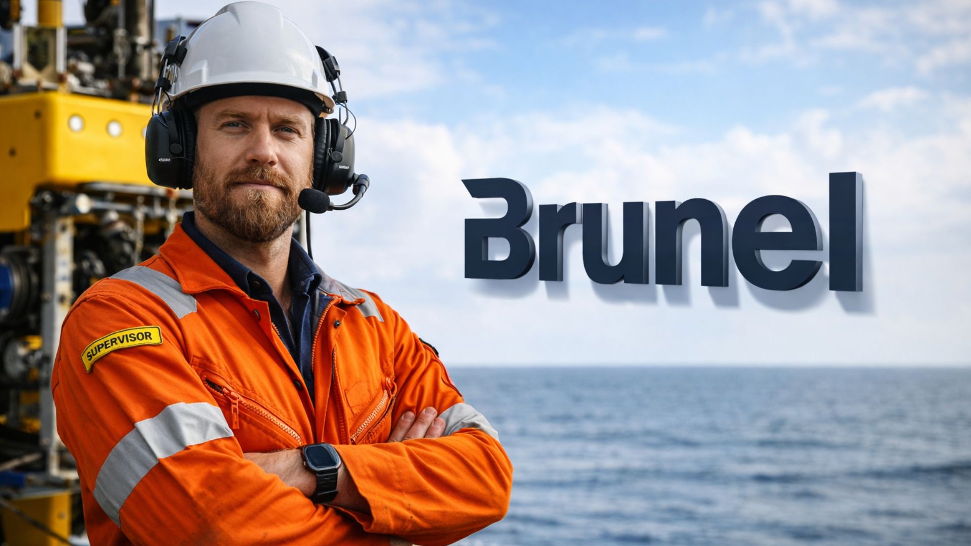 Supervisor de ROV em operação offshore a bordo de embarcação no mar, com equipamento Work Class ao fundo e logotipo da Brunel em destaque