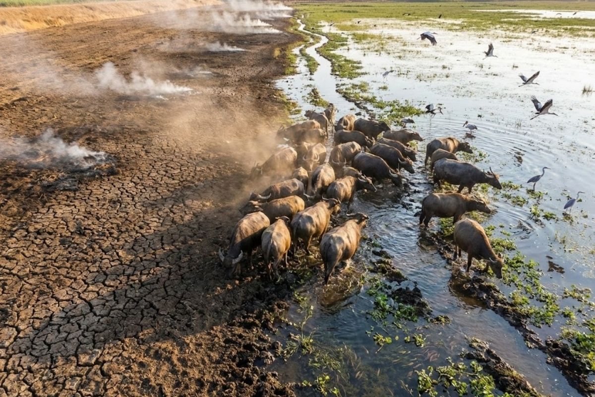 búfalos d’água no Vale do Hula em Israel: turfa recupera umidade com lago Agamon e trilhas; entenda a restauração e impactos.