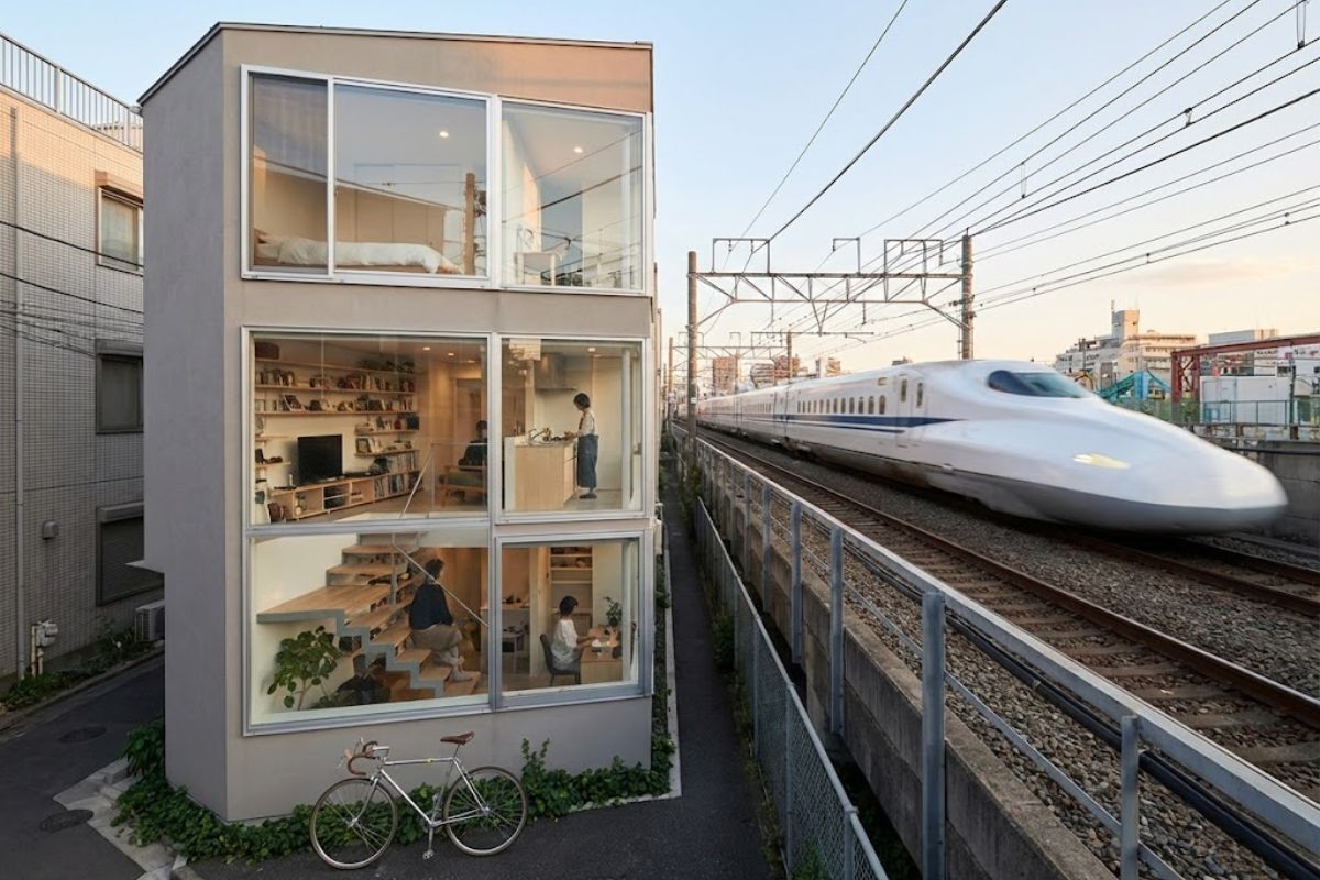 Casa pequena em Tóquio desafia trilhos de trem, usa escada escultural e revela como a arquitetura japonesa transforma espaços mínimos em moradia completa.