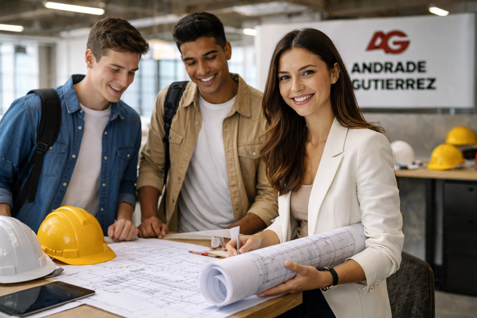 Jovens universitários analisam plantas de engenharia em ambiente corporativo da Andrade Gutierrez durante programa de estágio 2026.