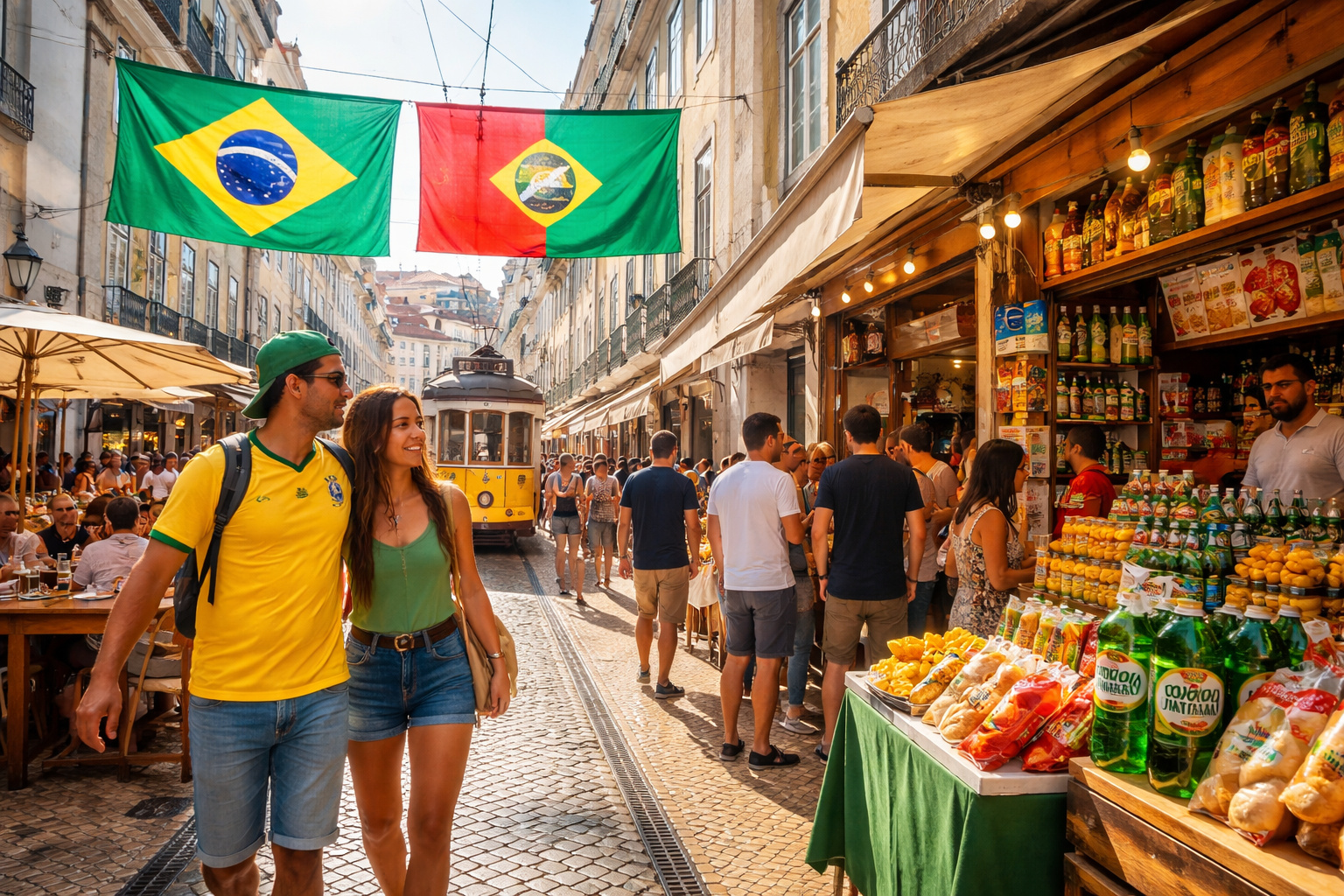 Rua de Lisboa com presença brasileira visível, comércio local movimentado, bandeiras e convivência cultural entre brasileiros e portugueses
