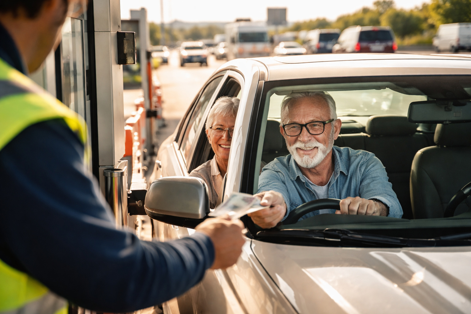Casal de idosos pagando pedágio em rodovia brasileira enquanto legislação não prevê isenção automática