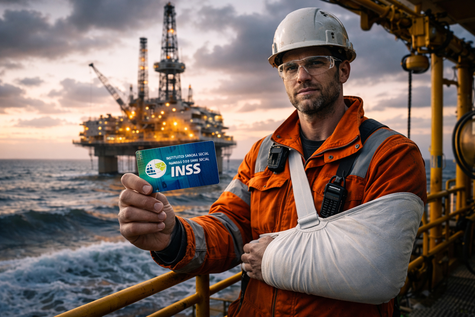 Trabalhador offshore ferido em plataforma marítima segura cartão do INSS durante operação no setor de petróleo e gás