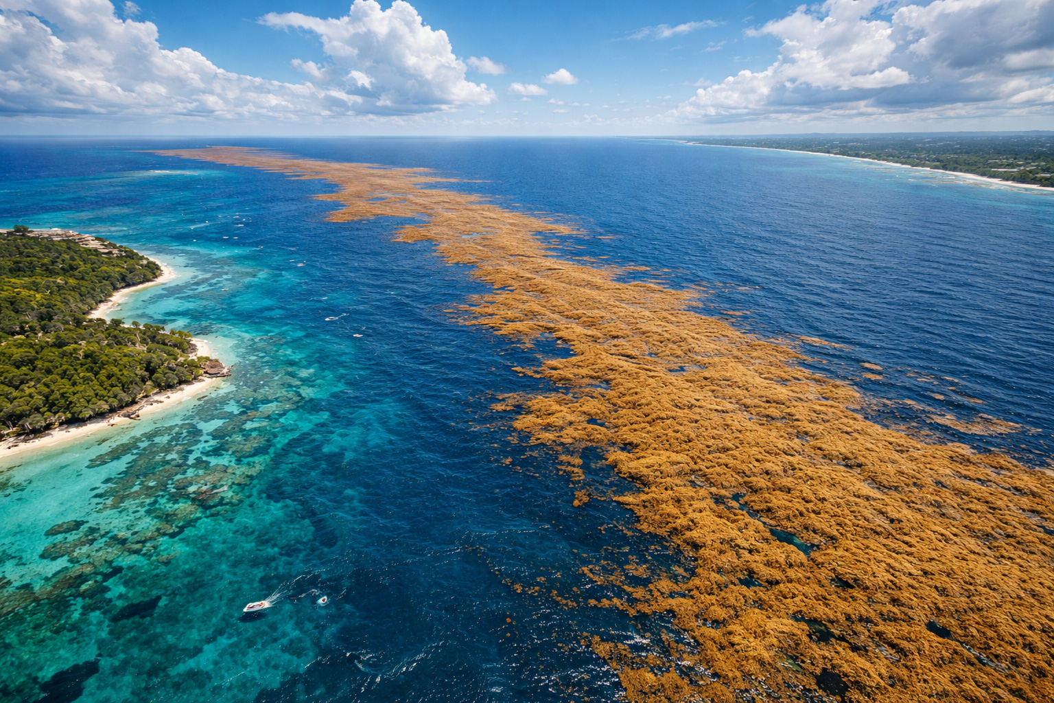 Faixa gigante de sargaço formando cinturão de algas no Oceano Atlântico observada por satélite, entre o Caribe e a África