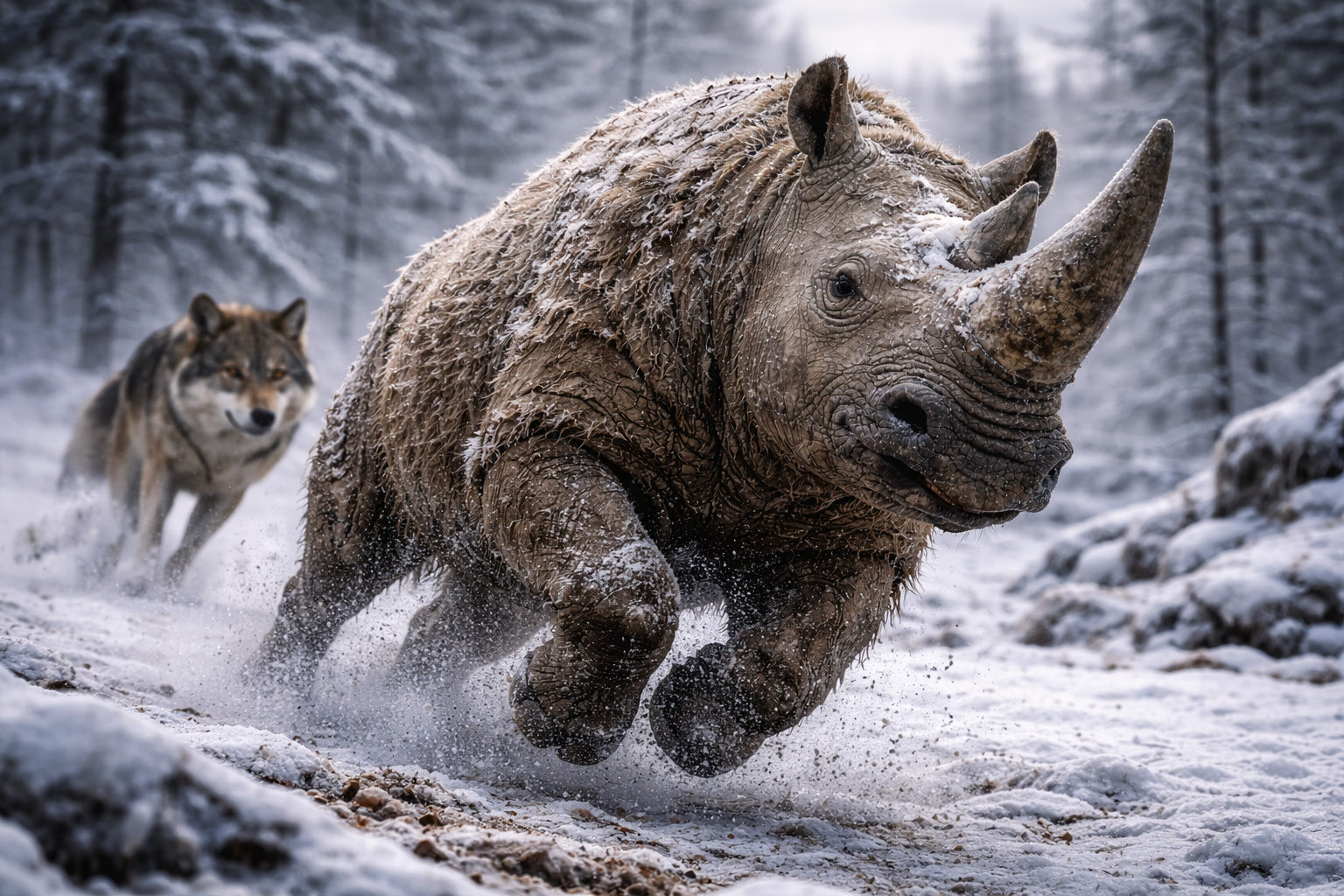 Rinoceronte-lanudo correndo pela neve durante a Era do Gelo enquanto é perseguido por um lobo em paisagem congelada.