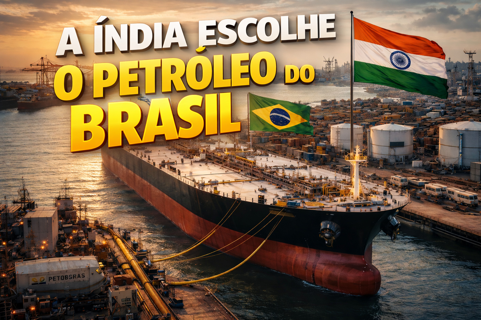 Navio petroleiro brasileiro carregando petróleo em porto industrial durante exportação para a Índia
