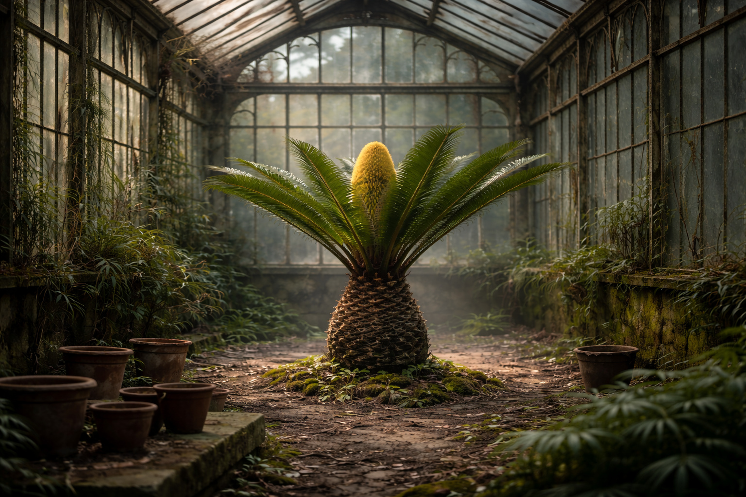 Planta pré-histórica Encephalartos woodii isolada em estufa histórica no Reino Unido, único exemplar verdadeiro conhecido da espécie.