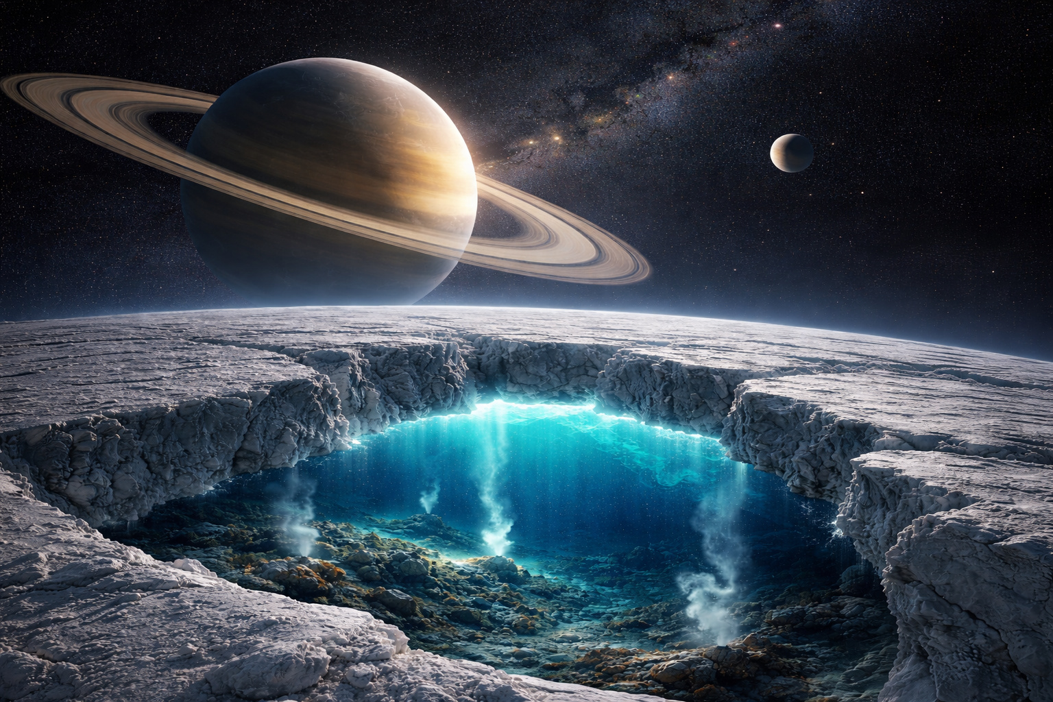Oceano subterrâneo sob a crosta de gelo de uma lua de Saturno, com água líquida e atividade interna em ambiente espacial.