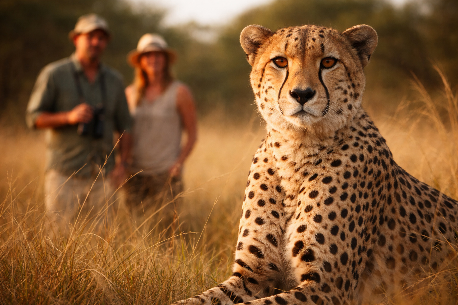 Guepardo em ambiente natural observa humanos à distância, ilustrando comportamento cauteloso e ausência de ataques registrados