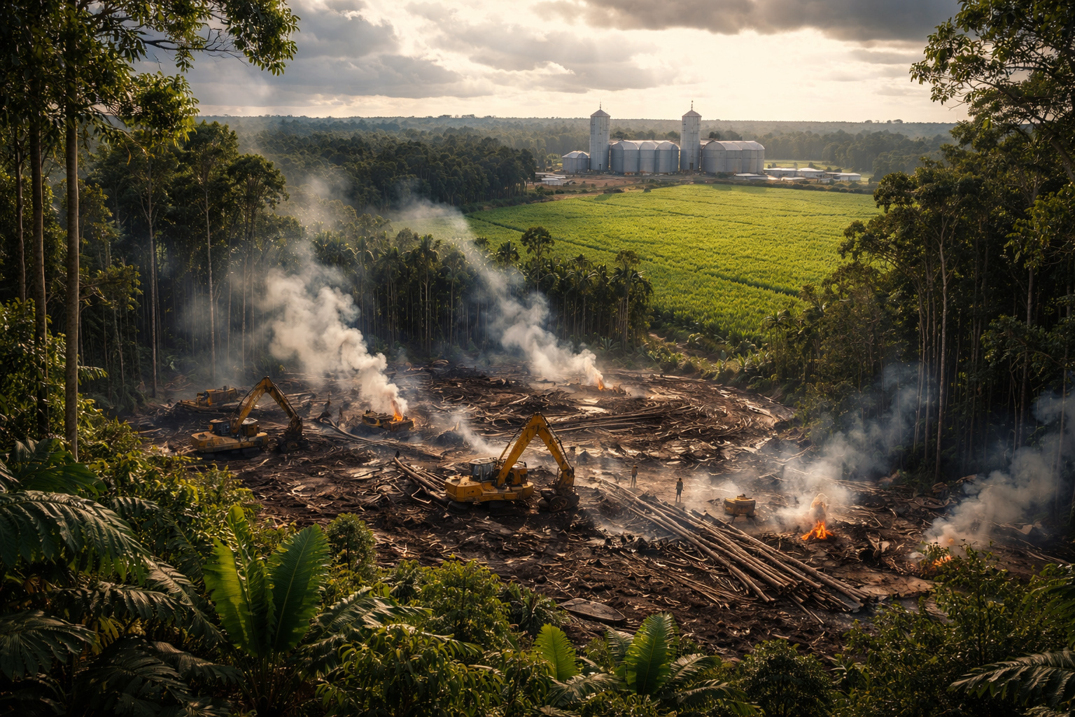Área da Amazônia com desmatamento recente para plantio de soja, mostrando máquinas pesadas, solo exposto e floresta ao redor