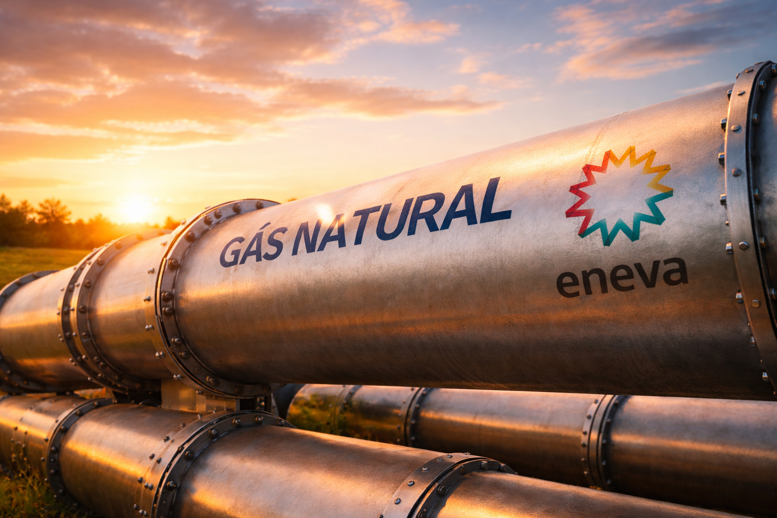 Tubulações de gás natural com identificação “Gás Natural” e logotipo da Eneva em ambiente aberto ao pôr do sol, representando a ampliação da oferta e a diversificação do suprimento no Brasil