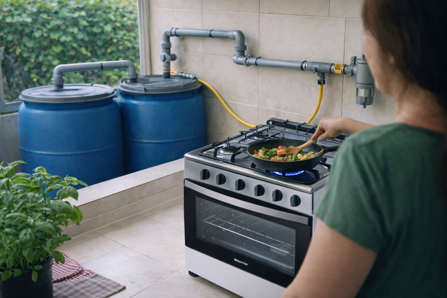 Chega de comprar botijões de gás, consiga gás de cozinha grátis o ano todo em casa usando dois barris azuis e canos de PVC