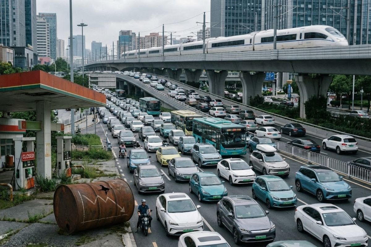 Petróleo na China: demanda trava, AIE aponta impacto de elétricos e trem de alta velocidade, com 400 mil barris/dia a menos.