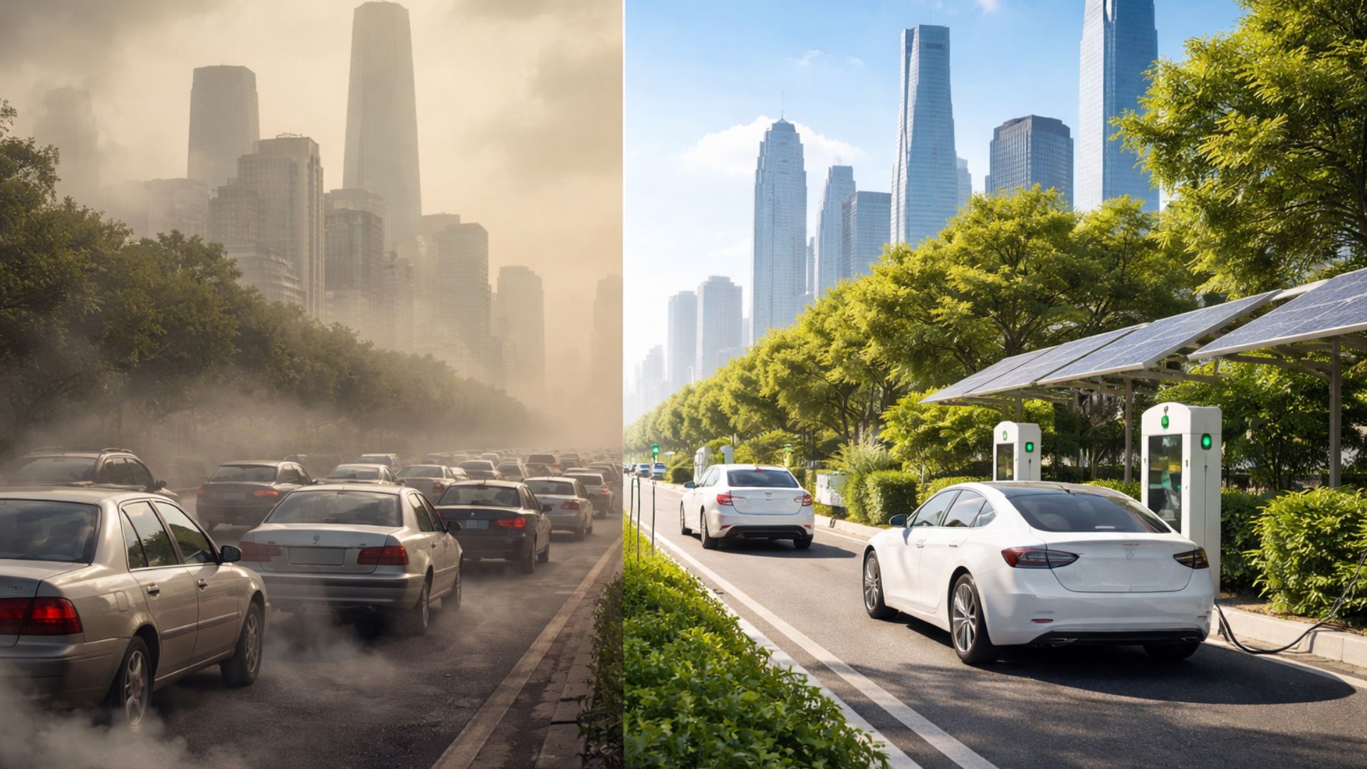 Imagem comparativa mostra cidade com trânsito intenso e ar poluído por carros a combustão de um lado, e ambiente urbano limpo com carros elétricos e céu claro do outro.