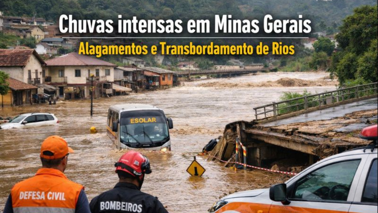 Enxurradas e alagamentos urbanos causados por chuvas intensas afetam cidades de Minas e acionam a Defesa Civil.