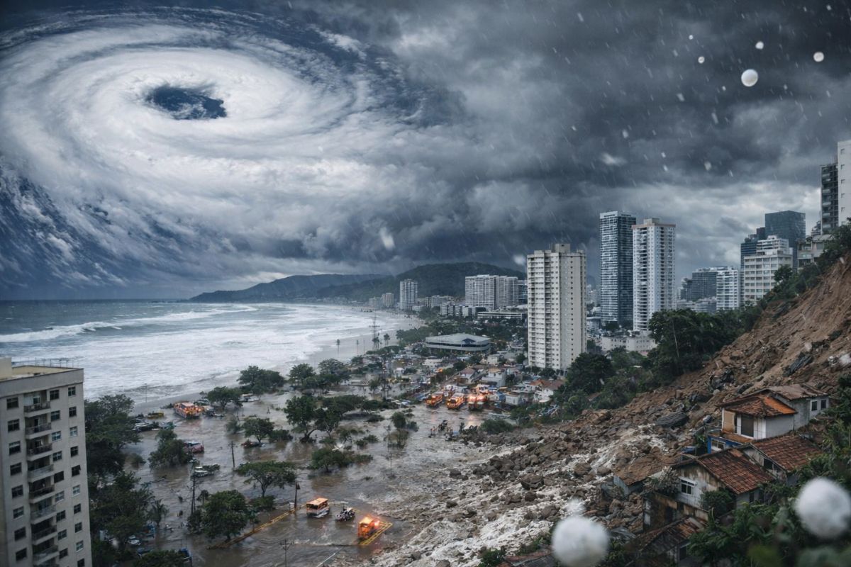 Ciclone no litoral de SP mobiliza Defesa Civil com risco de alagamentos e deslizamentos após temporais e granizo previstos para vários municípios.