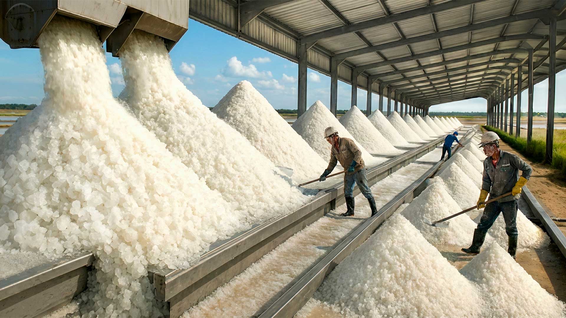 Com uma produção de até 270 milhões de toneladas de sal por ano, o que parece simples no saleiro esconde meses de sol, engenharia de salinas e fábricas que não podem parar