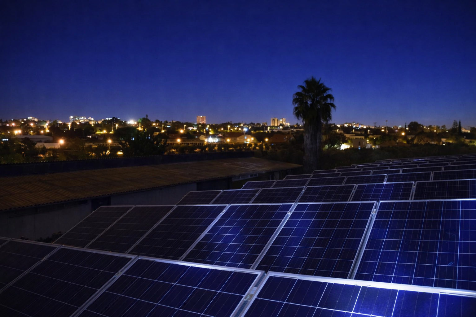 Painéis solares instalados em telhado durante a noite, com vista para a cidade iluminada ao fundo e céu limpo.