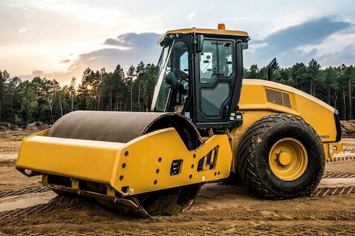 Rolo compactador usa vibração controlada, articulação central e sistema hidráulico para garantir a compactação do solo com precisão e força.