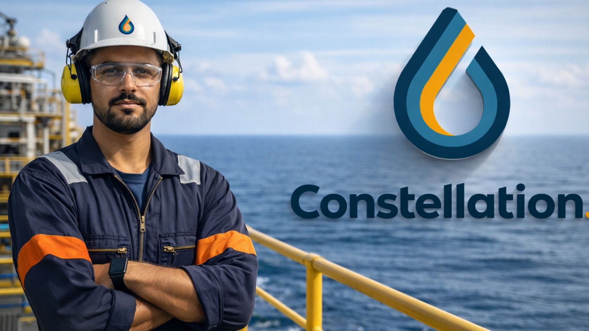 Marinheiro de Máquinas embarcado em plataforma offshore da Constellation, usando EPI completo, com o mar ao fundo e logotipo da empresa em destaque.