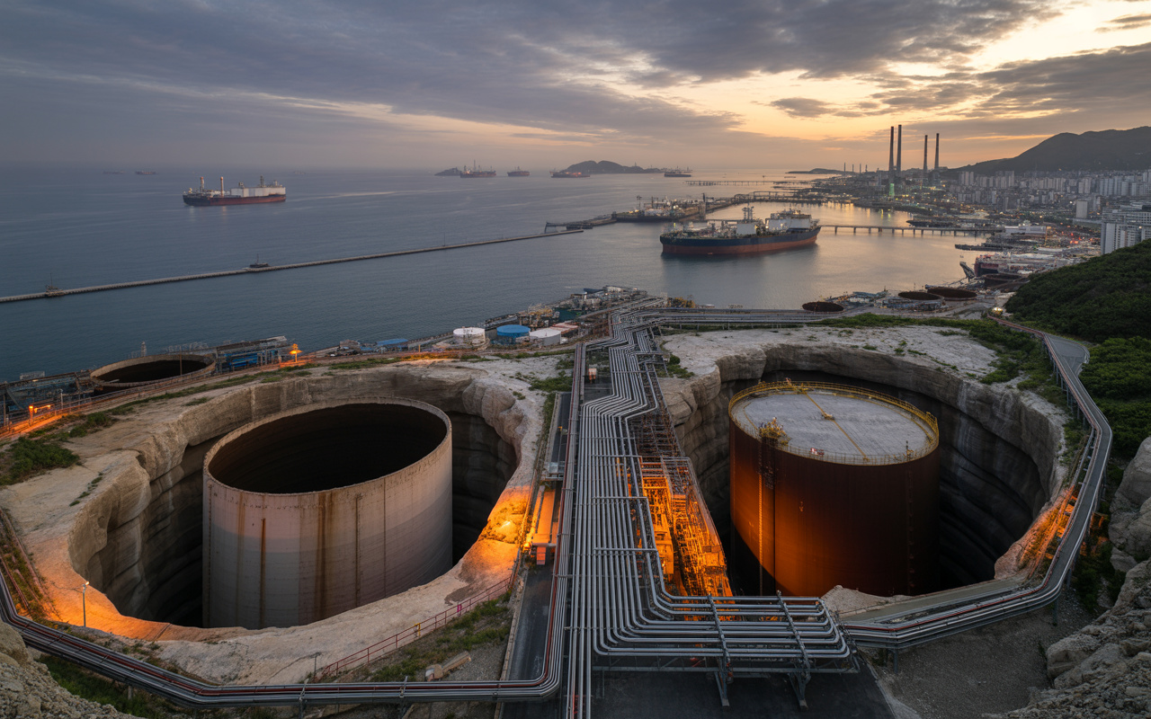 Para armazenar petróleo e cargas perigosas, a Coreia do Sul construiu cavernas industriais subterrâneas capazes de guardar 146 milhões de barris, conectadas a portos e refinarias por túneis em Ulsan