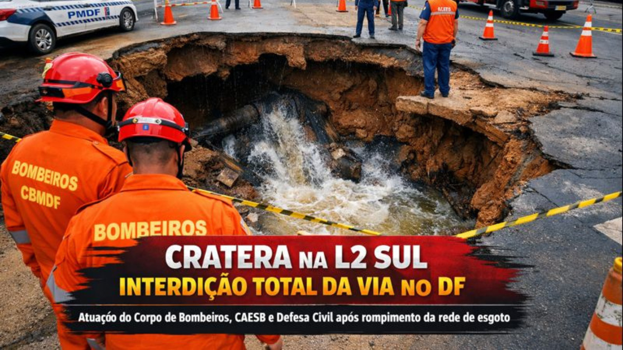 Após rompimento da rede de esgoto, cratera na L2 Sul causou interdição total da via e exigiu atuação do Corpo de Bombeiros e Defesa Civil.