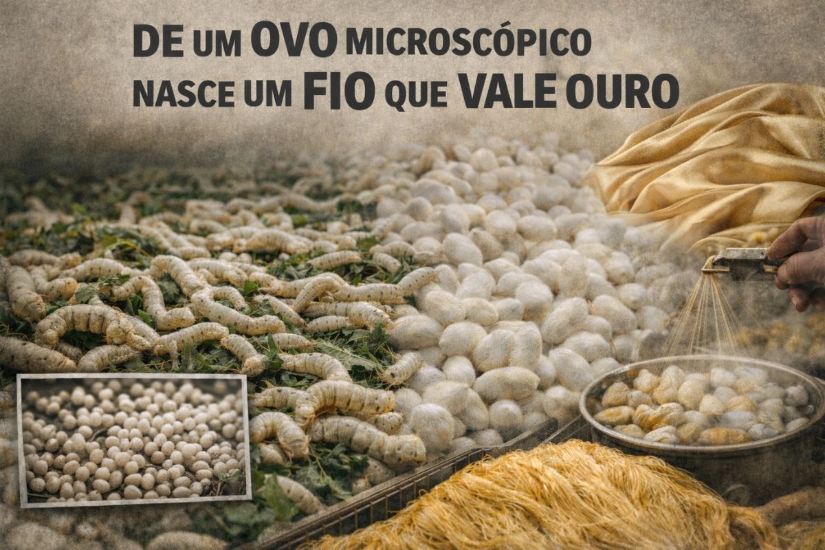 De um ovo microscópico nasce um fio que vale ouro a transformação extrema do bicho-da-seda, que produz quilômetros de luxo e sustenta uma das indústrias mais antigas e valiosas do planeta (1)
