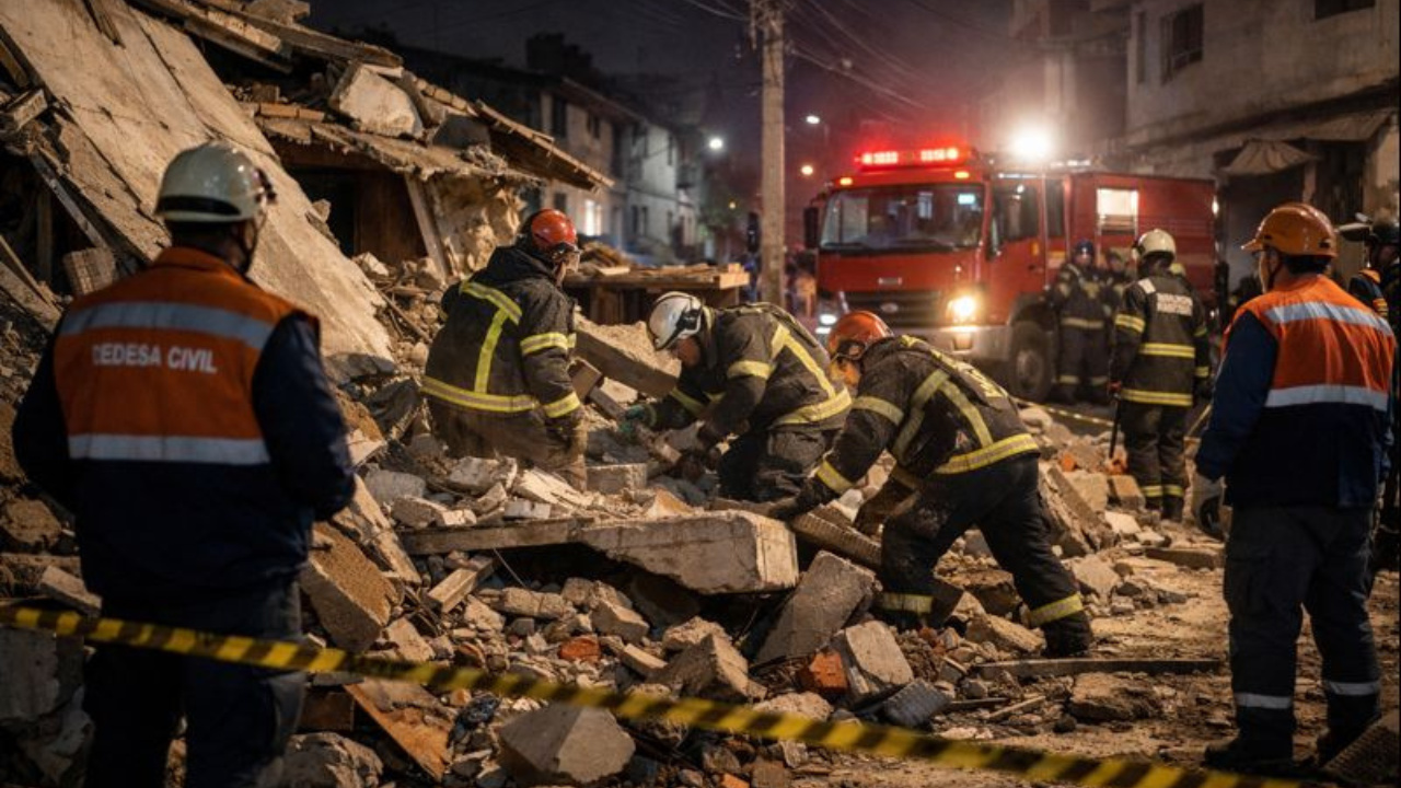 Casa desabou em Campos Elíseos, Duque de Caxias. Corpo de Bombeiros resgatou vítimas e Defesa Civil investiga causas.