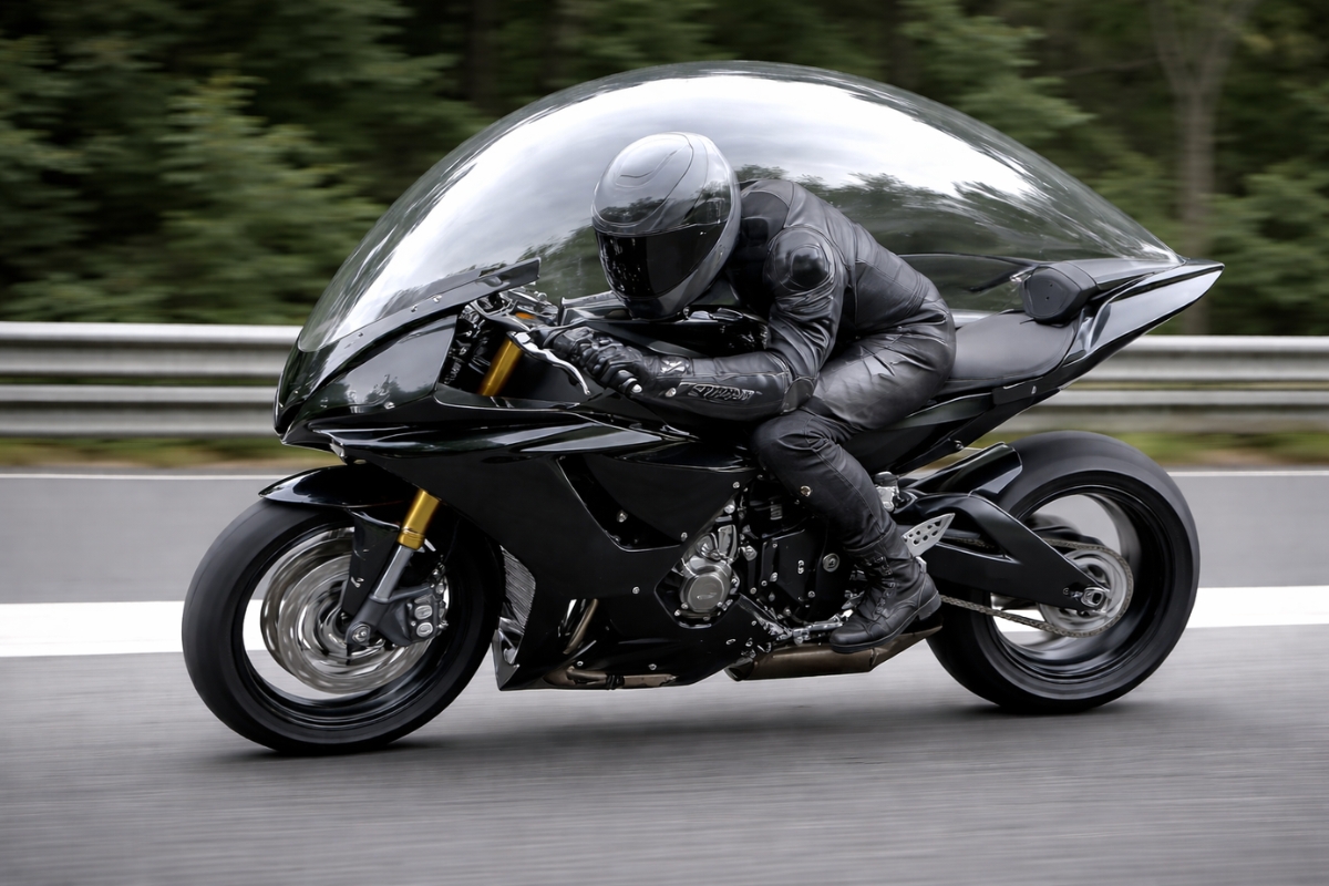 Uma motocicleta recebe uma cobertura transparente construída manualmente e muda a forma de enfrentar chuva e vento, com ajustes precisos e fixação direta no conjunto frontal