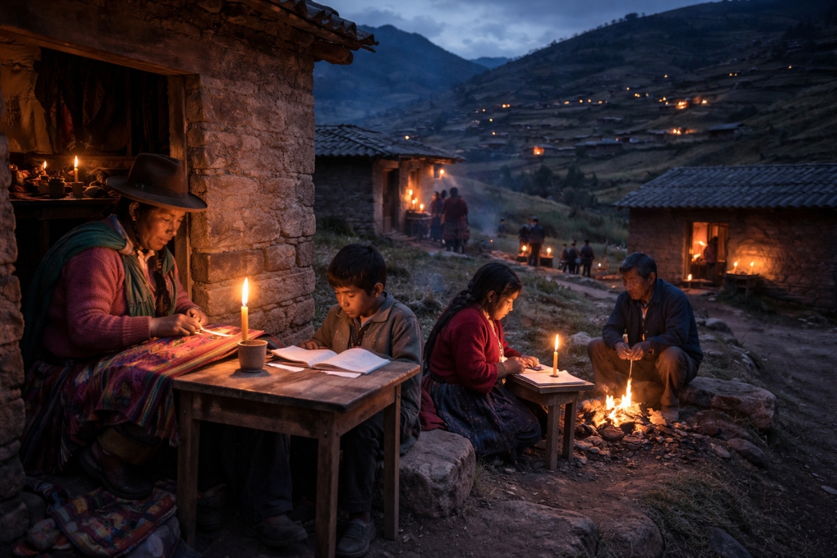 Em uma aldeia isolada nos Andes, 154 famílias vivem sem eletricidade, artesãos trabalham tudo à mão e 208 estudantes estudam no escuro, enquanto velas iluminam as casas, mas um plano planeja solucionar tudo