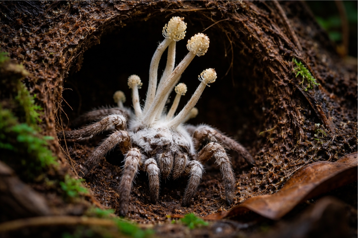Pesquisadores registram um fungo parasita que “consome” aranhas de toca, forma micélio branco no corpo e transforma o ninho subterrâneo em ponto de dispersão de esporos no ambiente