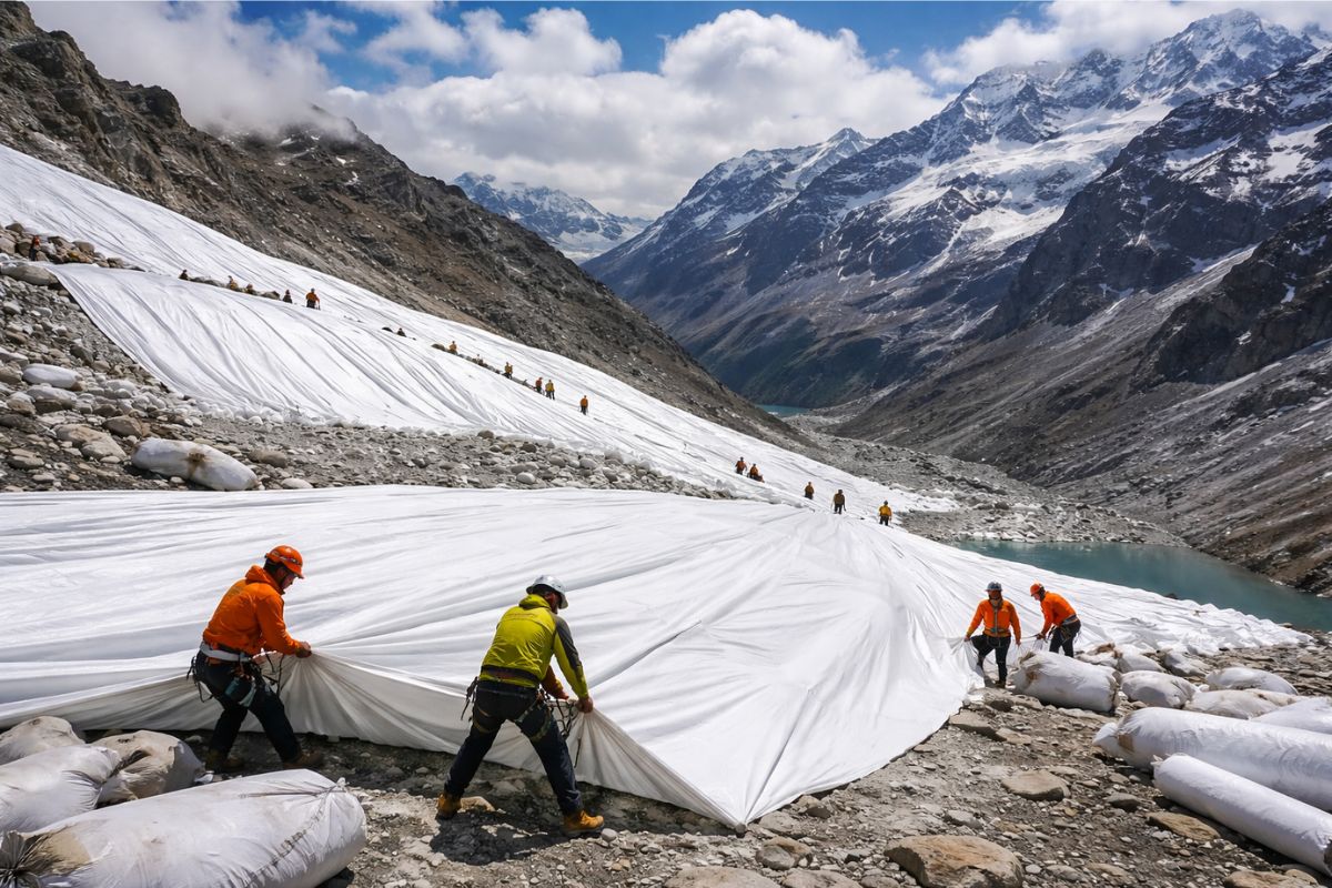 China cobre geleiras com mantas geotêxteis gigantes e consegue frear o derretimento em áreas pequenas