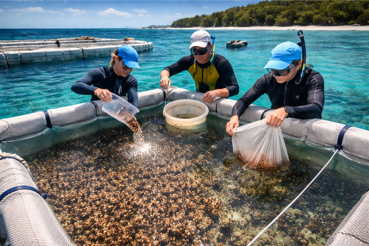 Coral IVF acelera recuperação na Grande Barreira de Corais, com quase 10 milhões de larvas criadas em piscinas flutuantes e soltas em 3 dias, e o assentamento pode disparar