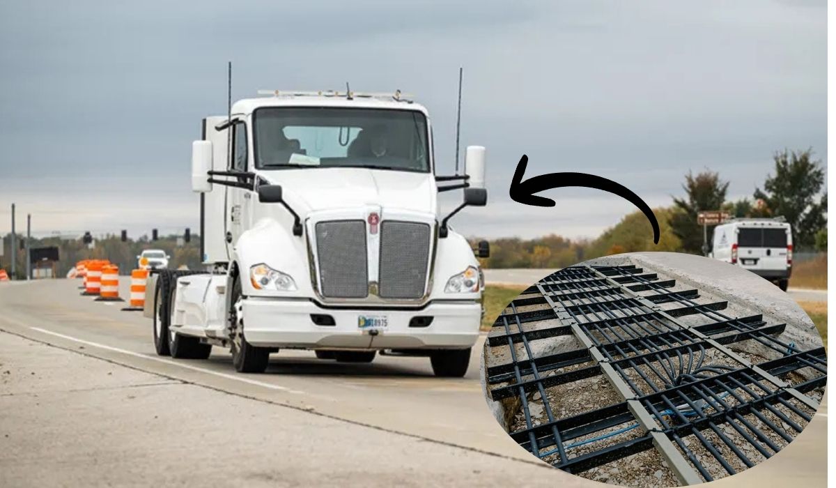 Sistema em estrada dos EUA transfere energia sem fios para caminhão elétrico a 105 km/h, durante o deslocamento em rodovia. (Imagem: Montagem/ Purdue University photo/Kelsey Lefever)