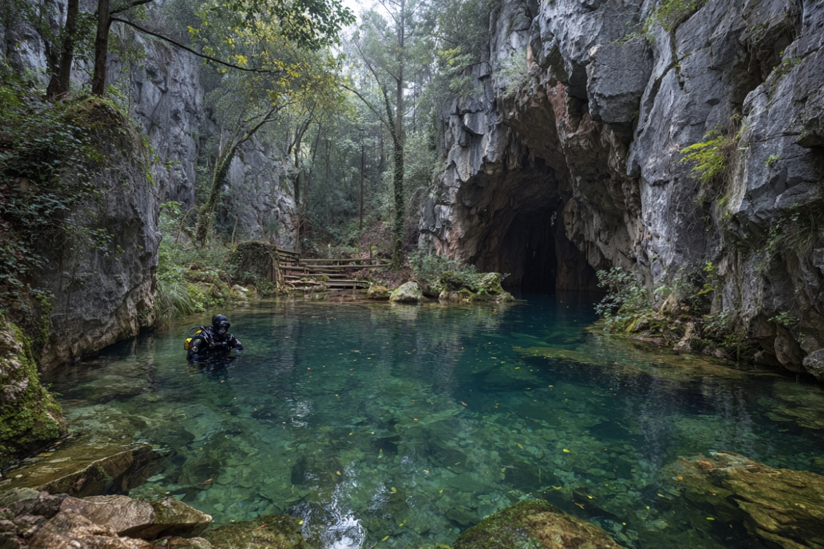 Com mais de 400 metros de profundidade, uma enorme cavidade inundada mudou de cor por minerais e virou destino de mergulho extremo