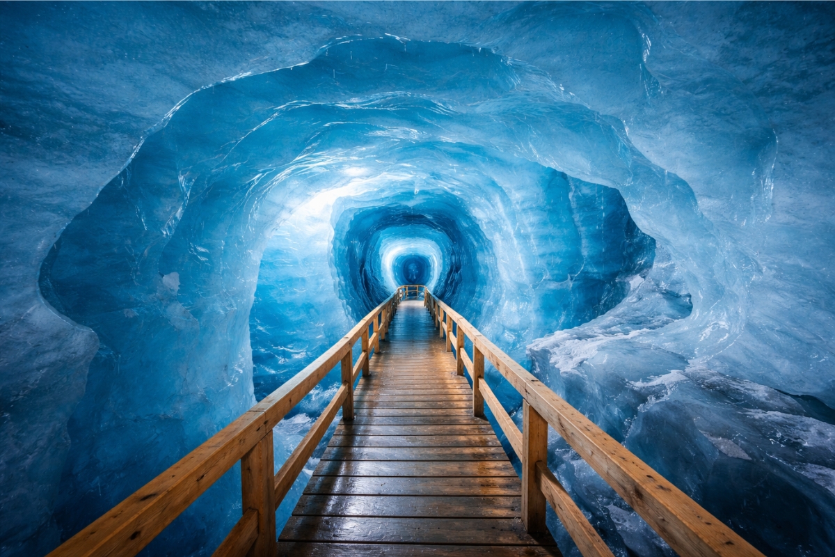 6 milhões de quilos de gelo escavados à mão são removidos para construir uma caverna que permite observar por dentro como um glaciar está derretendo