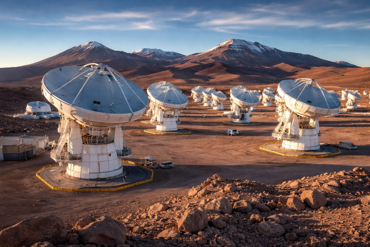 A 5.000 metros de altitude no deserto do Atacama, o radiotelescópio ALMA custou cerca de US$ 1,4 bilhão, consome energia comparável à de uma cidade e depende de oxigênio artificial para funcionar