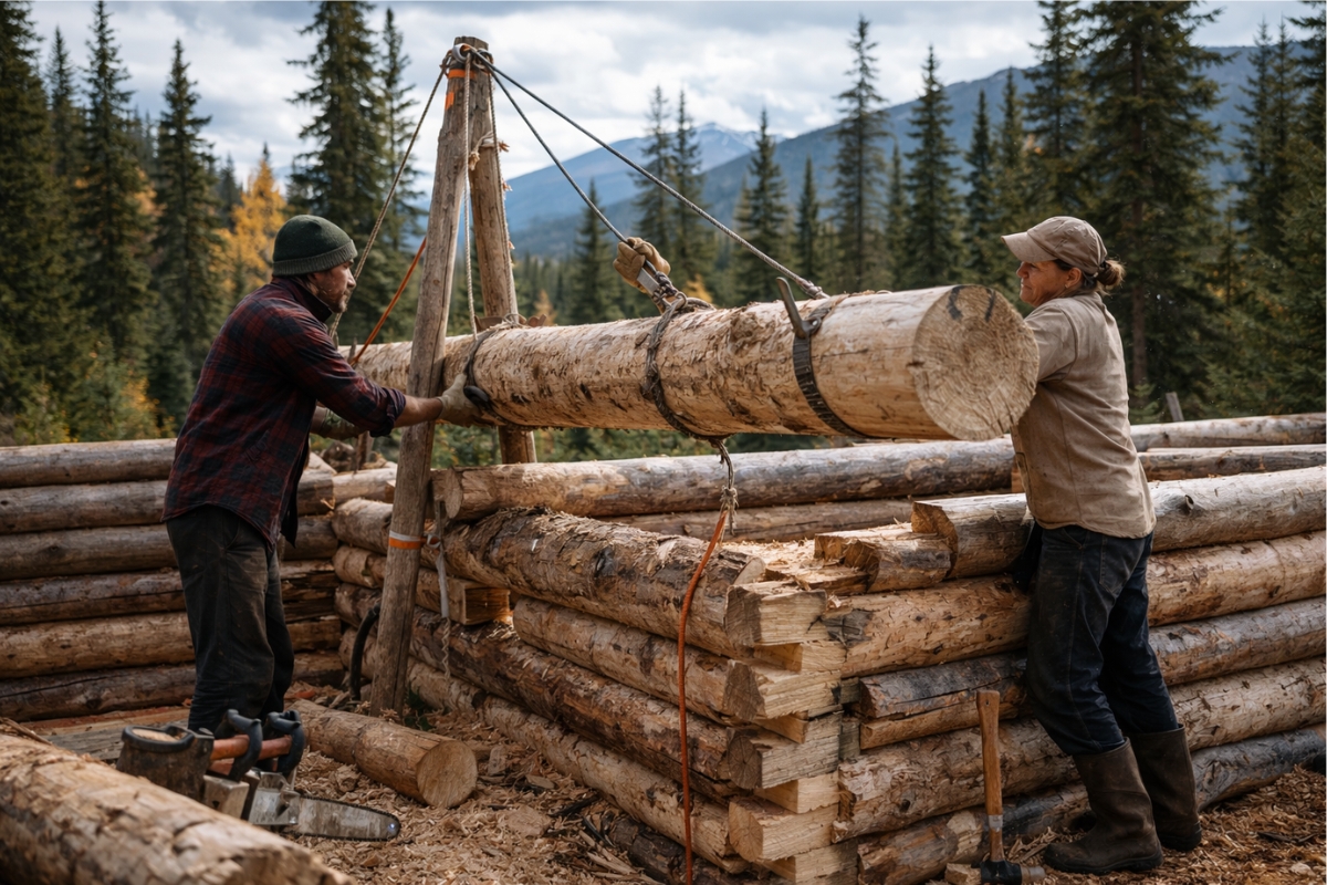 Família vive no Alasca fora da rede elétrica, constrói cabanas com recursos locais e organiza a rotina sem depender do sistema tradicional