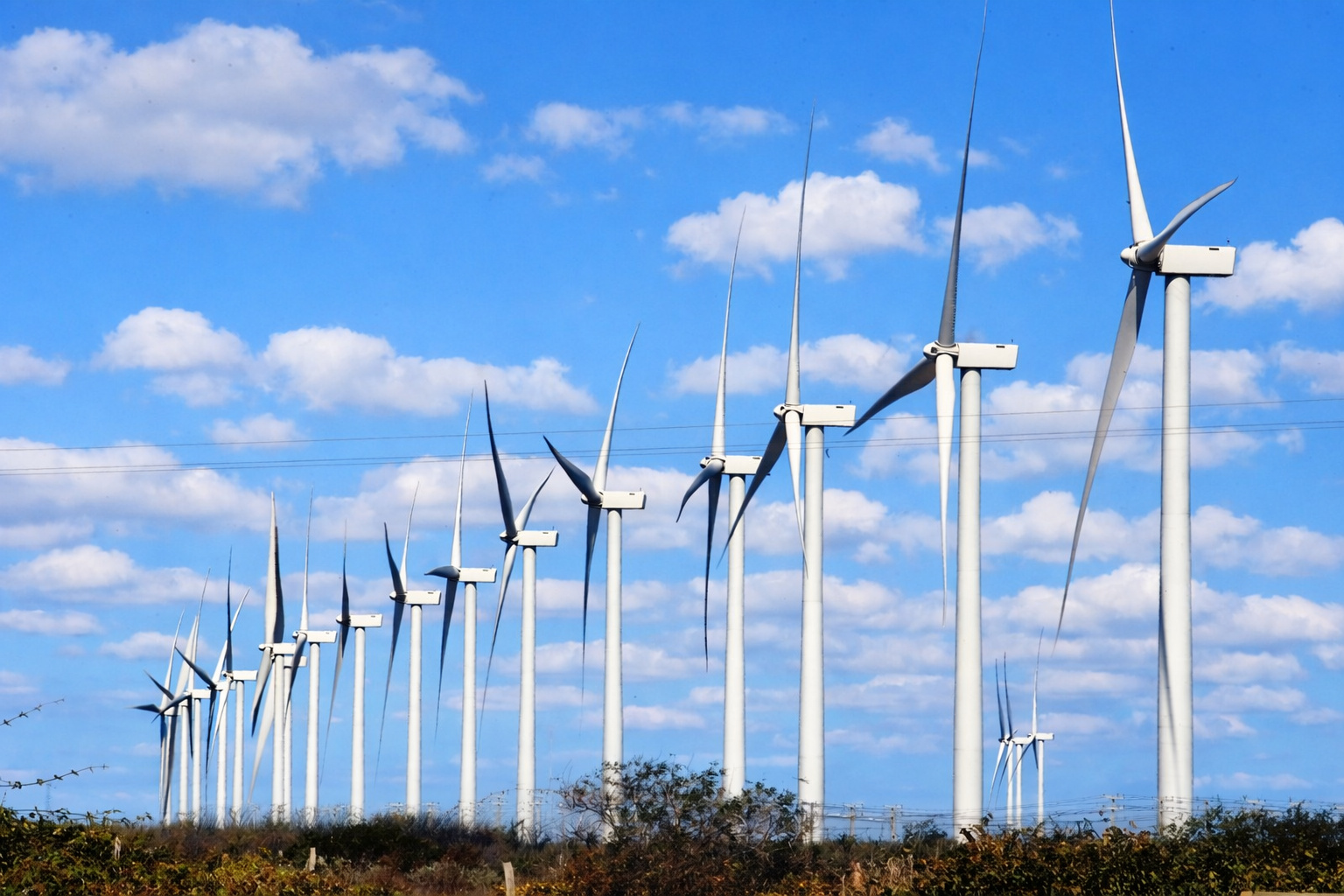 Fileira de aerogeradores em parque eólico sob céu azul com poucas nuvens brancas espalhadas.