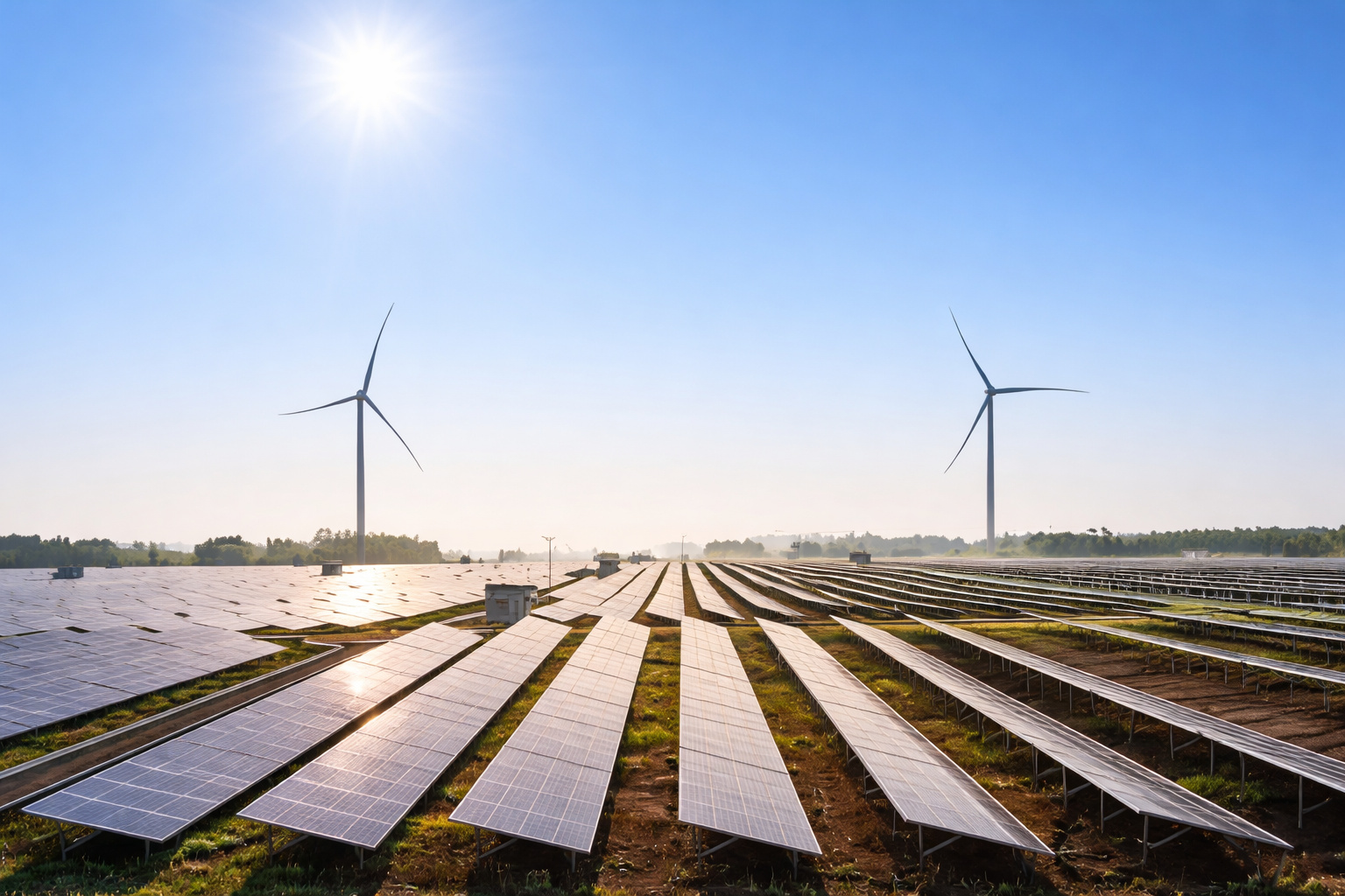 Campo de painéis solares alinhados em fileiras com duas turbinas eólicas ao fundo sob céu limpo e ensolarado.