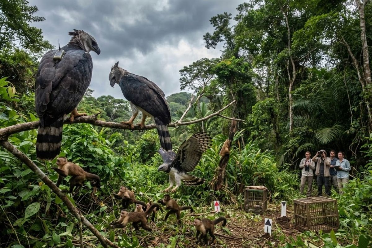 harpias na ilha Borrow Colorado pressionam macacos em experimento controlado e colocam reintrodução de predadores sob escrutínio, com números de caça, adaptação e conservação.