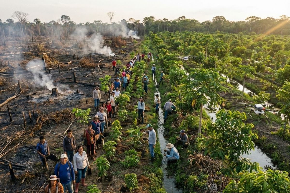 Amazônia recupera áreas degradadas em Manaus com agroflorestas e reflorestamento às margens do Rio Negro, onde comunidades plantam milhares de mudas, geram renda sustentável e restauram a floresta com resultados concretos.