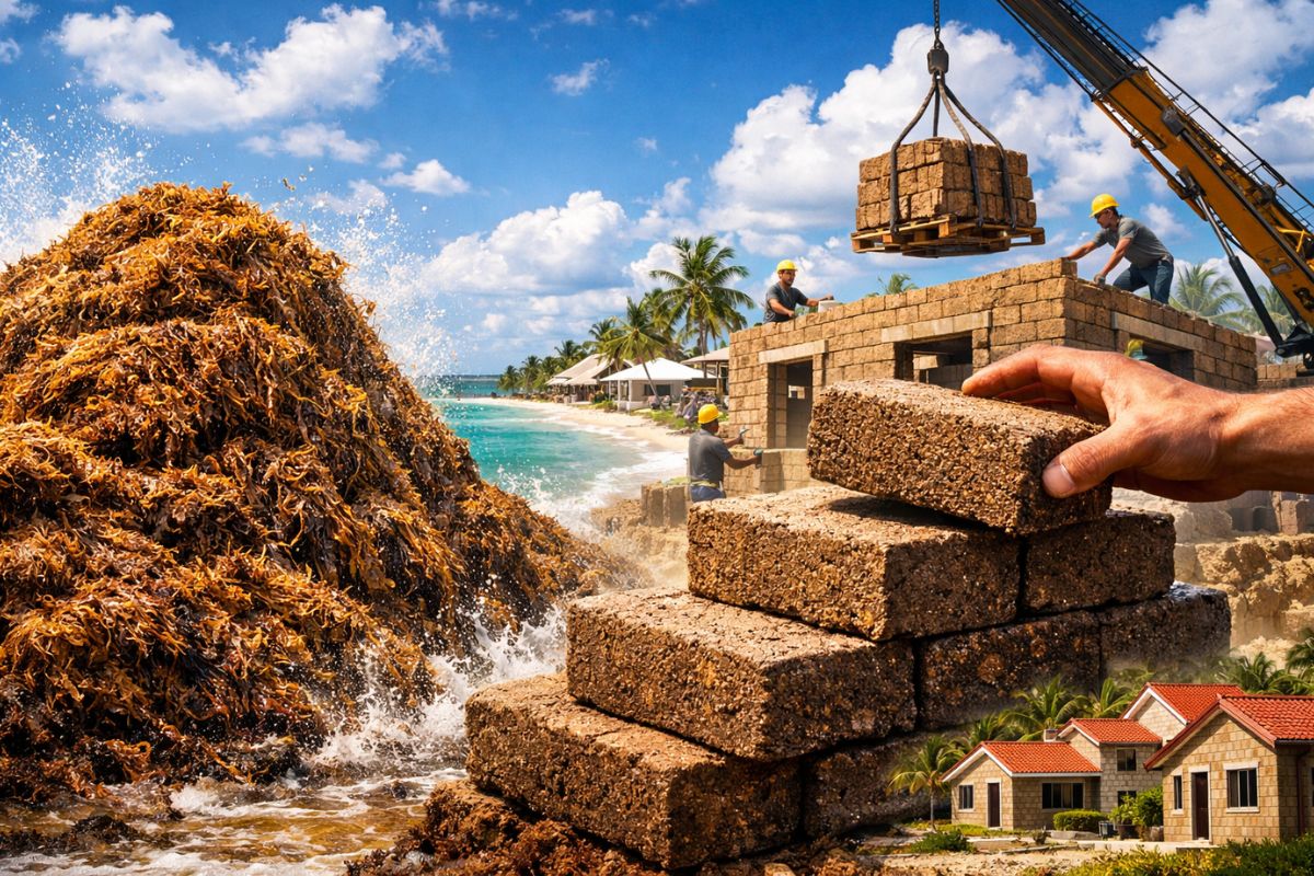 Em 2018, 20 milhões de toneladas de sargaço enterraram o Caribe mexicano, agora o “lixo do mar” virou tijolo mais forte que o convencional e pode erguer até 400 mil casas (1)