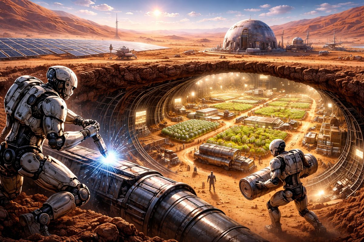 Em 2035, conceito mostra robôs construindo a primeira cidade subterrânea em Marte fazenda solar em dias, reator nuclear enterrado, túneis selados, água do gelo (2)